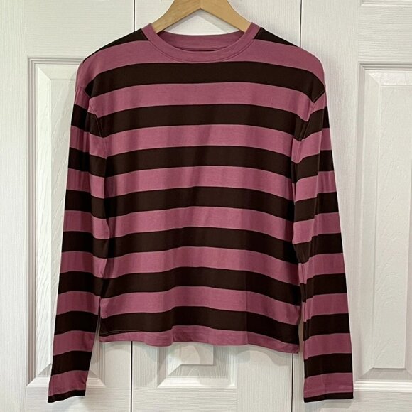 A New Day Stripes Pink & Dark Brown Short Length Long Sleeve Tee S - Picture 1 of 6